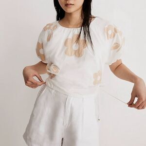 NWT Madewell White‎ Embroidered Poplin Puff-Sleeve Cutout Crop Top Size Medium